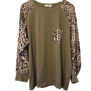 MS J Olive Leopard Print Women's Long Sleeve Blouse with Sheer Sleeves NWT